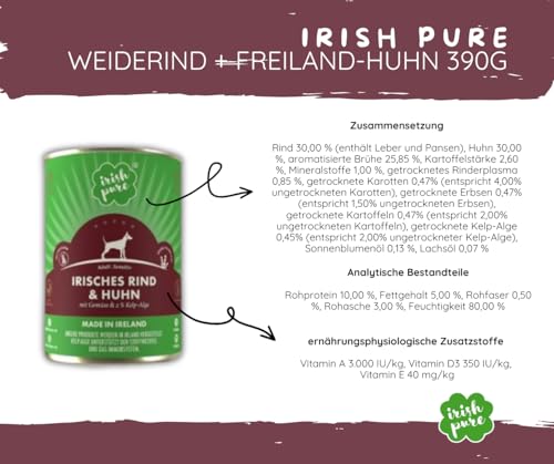 Irish Pure Adult Weiderind + Freiland-Huhn - Hundefutter - 1x12kg + 6x390g – getreidefreies Trockenfutter & Nassfutter – 100 % natürliche Zutaten – mit Kelp-Alge – für ausgewachsene Hunde - Sparpaket