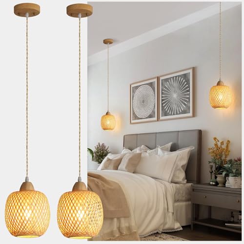 XIYOUVE Bamboo Pendant Light Fixture, 2-Light Handmade Woven Pendant Lighting,