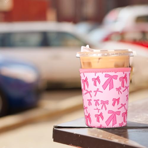 Image of Reusable 3-Pack Iced Coffee Cup Sleeve, Insulated Neoprene, Beverage Holder for Iced Coffee, Durable Drink Sleeve for Cold Beverages, Pink Bows