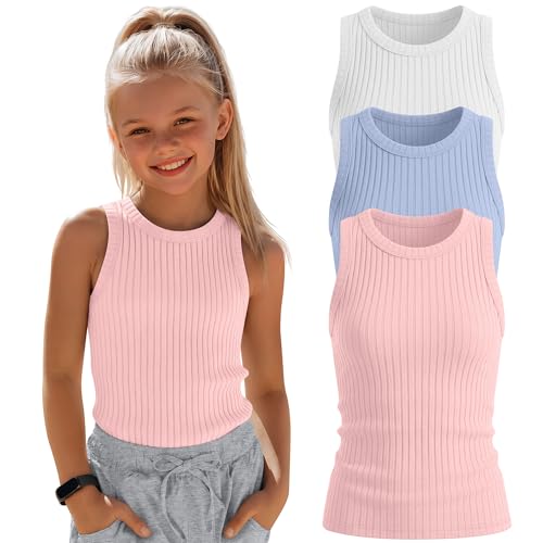 Langyiwee 3 Pack Girls Ribbed Tank Tops 5-14y Crew Neck Sleeveless Shirts Kids Stretch Tight Knit Summer Camisole Undershirts(Light Pink Light Blue White 9-10 Years)