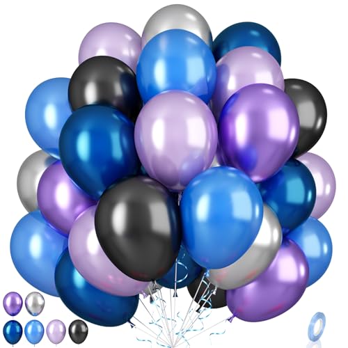 Outer Space Balloons, 55pcs Galaxy Blue Balloons Metallic Black Purple Silver Balloon Blue and Purple Pearl Blue Black Latex Balloon for Kids Boys Astronaut Space Birthday Party Decorations