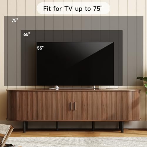 Image of ONBRILL 70.8 inch TV Stand with Power Outlet for TVs up to 75 Inch, Entertainment Center with Storage and Adjustable Shelves, Modern Media Console with Sliding Doors for Living Room, Walnut
