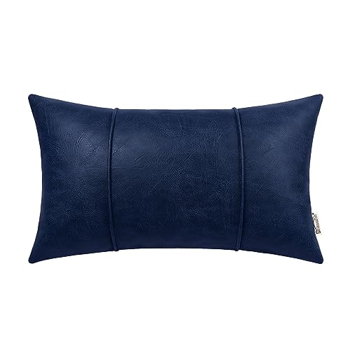 Image of BRAWARM Navy Blue Leather Throw Pillow Covers 12 X 20 Inches - Faux Leather Lumbar Pillow Cover with Piping, Hand Stitched Leather Throw Pillow for Couch Sofa Bed Living Room Home Decorative