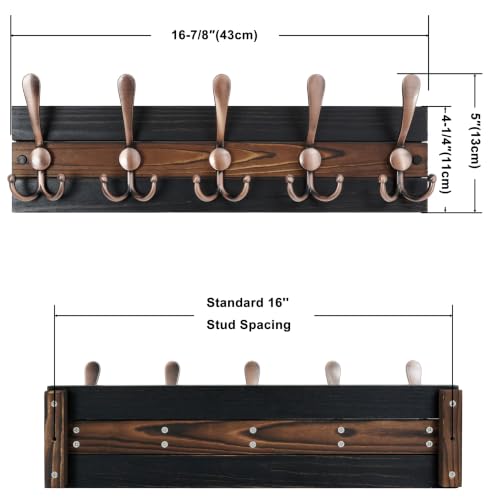Image of SKOLOO Rustic Wall Mounted Coat Rack - 17 inch Long Coat Hooks for Wall with 5 Triple Hooks for Hanging Coats, Hats or Tools - Kitchen, Mudroom, Entryway, Bathroom, Wood Brown & Antique