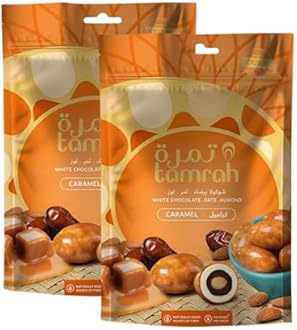 Tamrah Caramel Chocolate Dates and Almonds Zipper Bag 100gm, Buy 2. Ideal for Sharing, Gifting, Kids’ chocolate, Perfect for any Occasion.