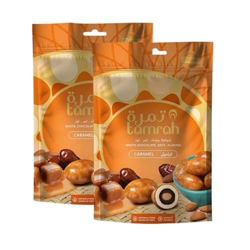 Tamrah Caramel Chocolate Dates and Almonds Zipper Bag 100gm, Buy 2. Ideal for Sharing, Gifting, Kids’ chocolate, Perfect for any Occasion.