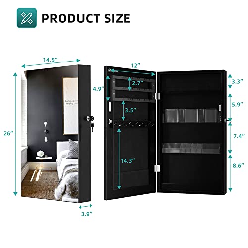 Yitahome Mirror Jewelry Cabinet Jewelry Armoire Wall Mounted Jewelry Organizer Lockable, Space Saving Jewelry Storage Organizer Attached Lipstick Brush Compartments, Black #TOP3