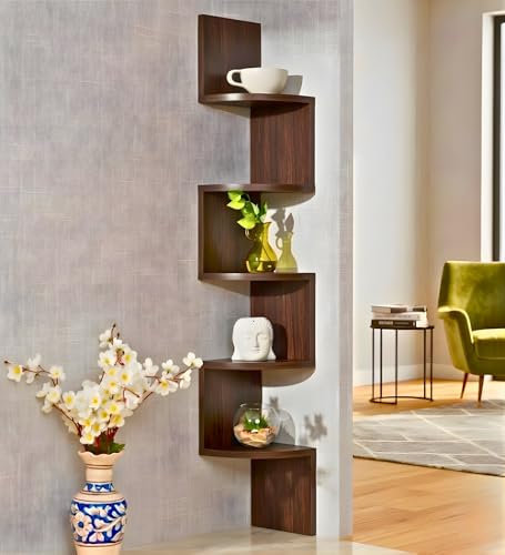 Image of 5-Tier Zigzag Corner Wall Mount Shelf, Modern Wooden Floating Corner Shelf, Space Saving Wall Storage for Living Room, Bedroom, Office, Books, Plants, Decor (Brown, 5)