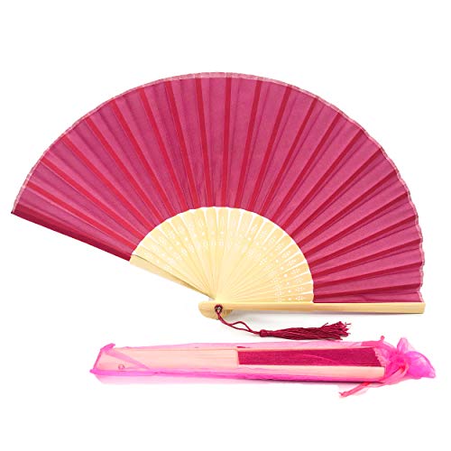 Image of Fabric Handheld Folding Hand Fan With a Tassel Grade A Bamboo Ribs for Women Girls Summer Party Event Favor Birthday Wedding Souvenir Gift (Deep Pink)