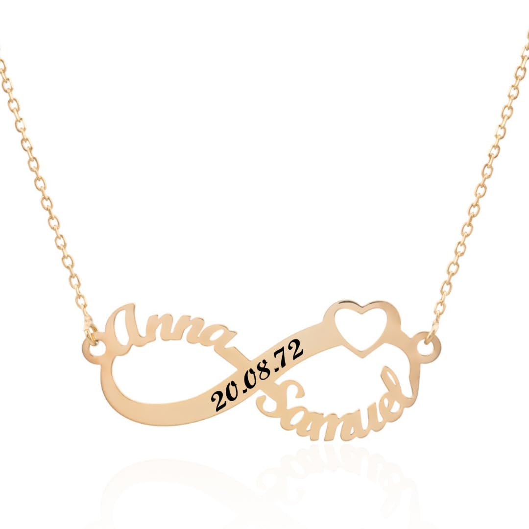 Collar Infinito Personalizado en Plata de Ley 925 con Corazón Fecha y Nombres con cadena Rolo de 40 cm + Alargador. Regalo de San Valentín, Día de los Enamorados. Hecho en España (Plata Bañada Oro)