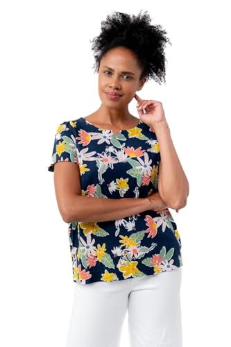 Lily & Me Rosali Linen Blend Printed Top - Navy - Size 18