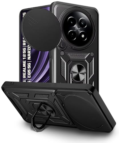 Image of WOW IMAGINE Tough Armor Bumper Mobile Back Case for Realme 13 5G | Realme 12 5G | 12X 5G | Narzo 70x 5G | C65 5G | N65 | Sliding Camera Shield Cover | Hybrid PC + TPU | Ring Holder with Stand - Black
