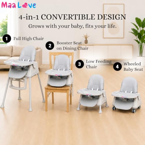 Image of Maa Love 4-in-1 Baby High Chair for 0-5 Years, Adjustable Height Feeding Chair with Detachable Tray, One-Hand Fold, Multifunctional High Chair (Grey)