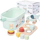PREXTEX 3-in-1 Wooden Sorting and Stacking Toys - Includes 3D Shapes Sorting Box, 5 Stacking Rings with Bear, Elephant with Wheels - Develops Motor Skills - Ages 18 Months up
