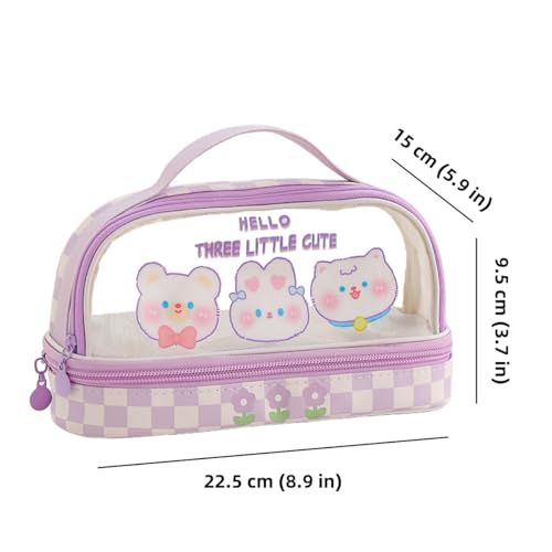 Image of Bunny Pencil Pouch w /Handle Rabbit Kitten Bear Puppy Pen Case Cosmetic Bag Clear Case Transparent Waterproof (Hello-Purple)