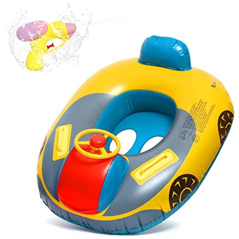 Baby Inflatable Pool Float Swimming Float Boat with Steering Wheel Horn for Kids Toddlers Age 1-4 Boys Girls Inflatable Ride-ons Swimming Pool Toys with Water Gun Swim Ring Beach Supplies,Car Cover