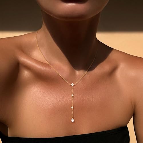 Image of CHESKY Long Necklaces for Women, 14k Gold Plated /Streling Silver Lariat Necklace Dainty Statement Prom Necklace Rosary Cross Sun Drop Pendant Dangle Necklace Gold Prom Jewelry for Women Gifts