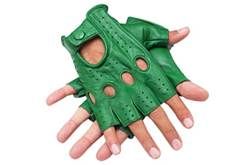 Gloves 007 Driving Gloves Half Finger Finger Less Knuckle Holes For Men Genuine Leather (Medium, Green)