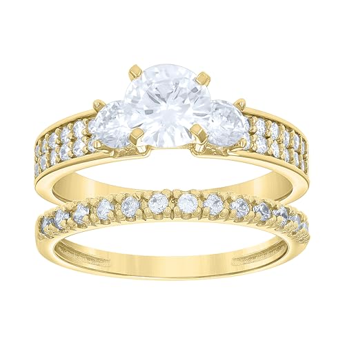 14k Gold Womens Two-Tone Cz Duo Three Center Stone White Sz7 Wedding Engagement Bridal Set Ring