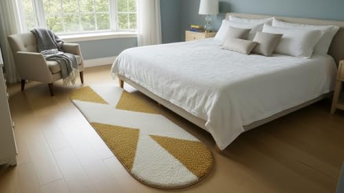 Image of Fluffy Silky Micro Fiber Polyster Carpet /Runner for Bedroom, Study Room, Playing Room, Guest Room ETC. 1.5x4 Feet, (Gold and Ivory Chevron Pattern)