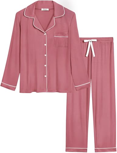Image of Cherrydew Women's Bamboo Viscose Cooling Long Sleeve Button Up Pajama Set | Buttery-Soft Feel • Naturally Cool Comfort • Breathable Fabric • Relaxed Fit • Sleep & Lounge Ready