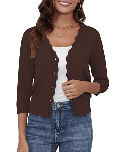 Image of Women's Cropped Cardigans 3 /4 Sleeve Button Down Lightweight Cardigan Sweaters Scalloped Edged Bolero Shrugs
