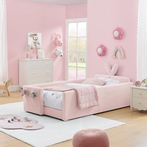 Image of KEIKI Twin Size Upholstered Platform Bed Frame with Guardrail, Slats, Pink