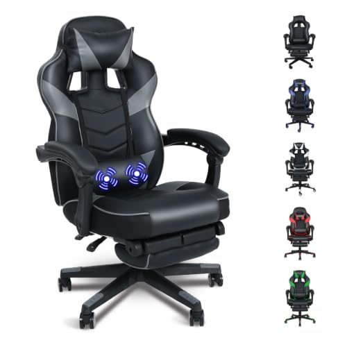 Fullwatt Silla de oficina ergonómica para videojuegos, con reposapiés, respaldo ajustable de 90 a 150°, con reposacabezas extraíble, cojín lumbar, piel sintética gris