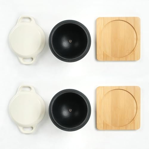 Image of HAWOK Enameled Cast Iron Garlic Roaster with Bamboo Tray, Dia.3.94 inch, BBQ Grill Garlic Baker, Mini Cocotte, Set of 2, Oyster White
