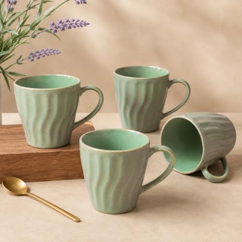 Image of The Earth Store Green Artisan Wave Coffee Mug - 340ML Ceramic Coffee Mugs Set of 4 | Microwave & Dishwasher Safe Mugs for Gift | Home | Office | Restaurant | Daily Use Tea Mug