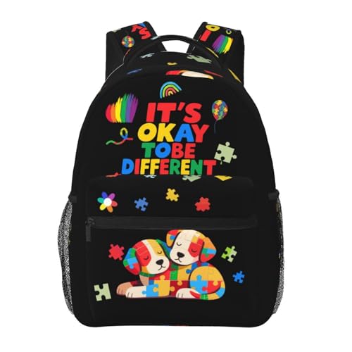 Xalvyriehf Mochila infantil de conscientização do autismo – Mochila infantil colorida com design de quebra-cabeça com capa para laptop, mochila escolar leve para meninos e meninas, cachorro