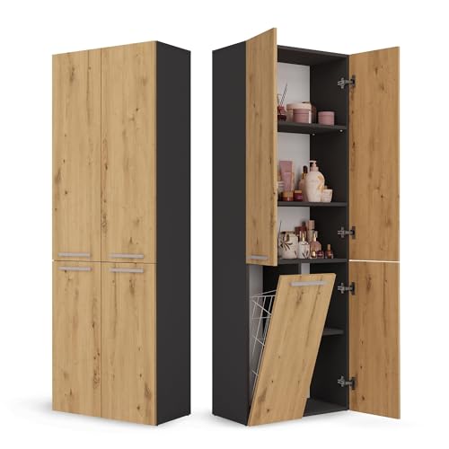 CDF Armoire Haute Salle de Bain Meuble Colonne de Salle de Bain Armoire de Rangement à 4 Portes avec Etagère Réglable pour Salon Cuisine - 60x30x174 cm...