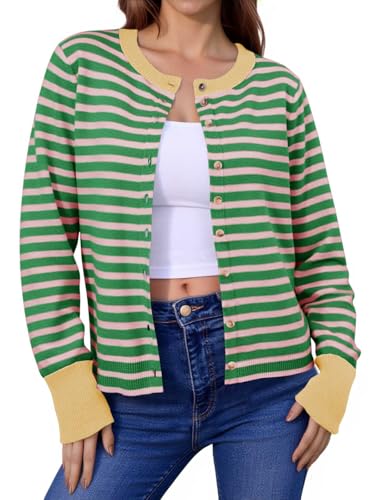 Saodimallsu Womens Striped Cardigan Sweaters Button Down Lightweight Color Block Crewneck Long Sleeve Knit Fall Cardigan