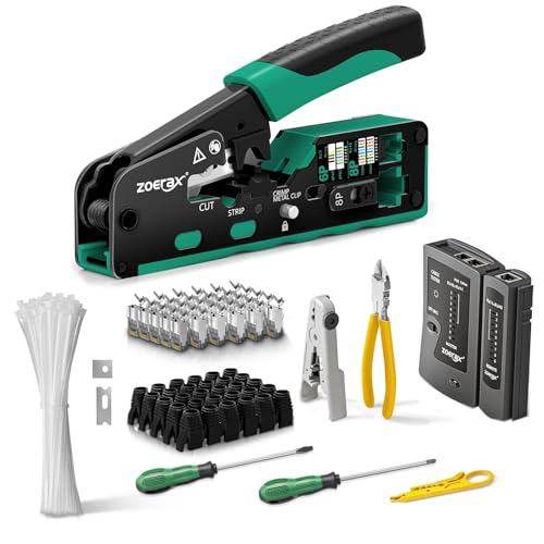 RJ45 Crimping Tool Kit With Stripping And Cutting Functions, For CAT8 Cat7 Cat6a Cat6 Cat5E Connectors, Includes Cable Tester An