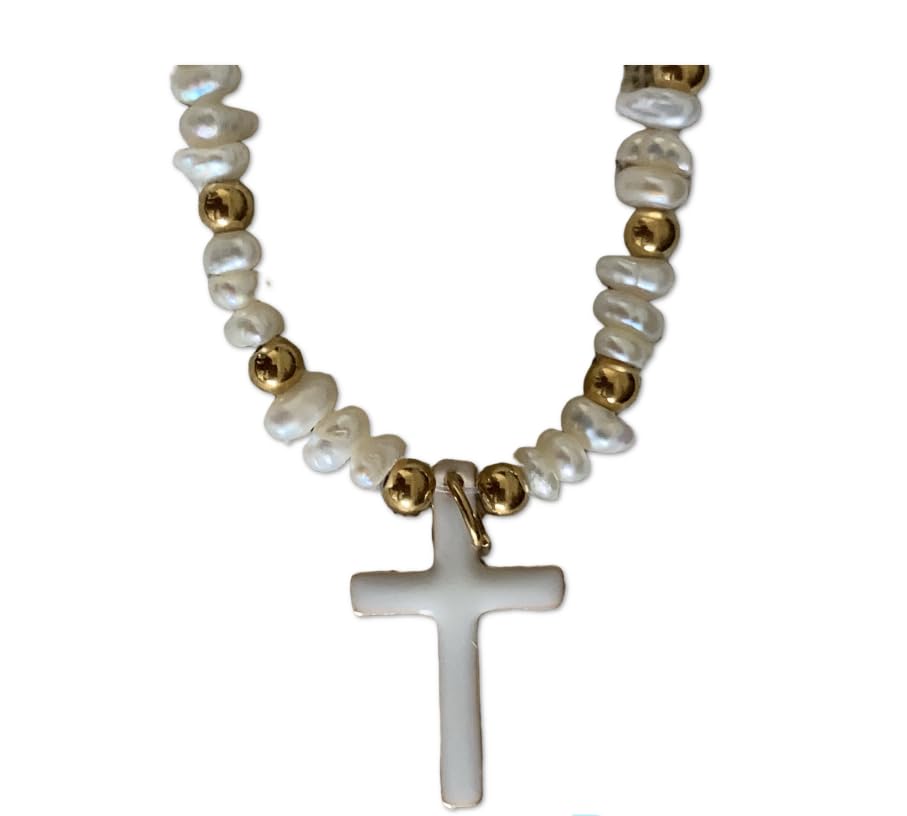 Handmade Collar con colgante de cruz blanca esmaltada, cadena de perlas de acero inxidable chapado en oro. Ideal para regalar. Cumpleaños, Confirmación, Aniversarios, Graducaiones