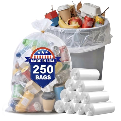 30 33 35 Gallon Clear Trash Bags 250 Count High Density Garbage Bags Made in USA Recycling Trash Can Liners Puncture-Resistant Plastic Waste Bags for Kitchens Yards Offices Commercial