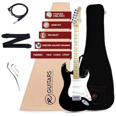 RJ Guitars Basic Electrics Skycaster Full Size 39" Solid Body Electric Guitar, S-Type, Stainless Steel Frets, Bone Nut, SSS with Bag, Strap, Cable, Adult Beginner Kit, Black Cover