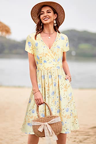Image of Newshows Women's Pockets Wrap V Neck Floral Summer Vacation Casual Sundress | Wrinkle Free, Stretchy, Summer Beach Floral Sundress 2026, Casual Dress for Vacation, Guaduation, Side Pockets, A-line