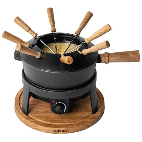 BOSKA Electric Fondue Set Pro/For Cheese, Chocolate and Broth Fondue / 8 people/Robust Cast-Iron/High Quality Materials/Splash Guard Included/Extra-long Cord/Black Cover