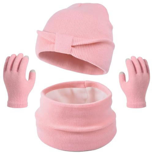 Kids Winter Beanie Hat Scarf Gloves Set for Girls Boys Age 3-10Y,Cute Bow Cuffed Knitted Hat Neck Scarf with Fleece lined