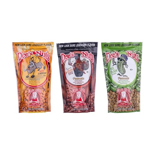 Dees Nuts Flavored Peanuts Variety Pack 3 Pack (10 oz Resealable Bags) | Dill Pickle Sweet Southern BBQ & Hot Cheddar Peanuts Gourmet Snack Nuts Protein Snack Party Snacks Giftable Snack Variety