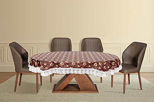 Image of The Furnishing Tree Waterproof PVC Oval Shaped 8 Seater Table Cover WxL 60x90 inches Floral Pattern Coffee Brown with White Border lace