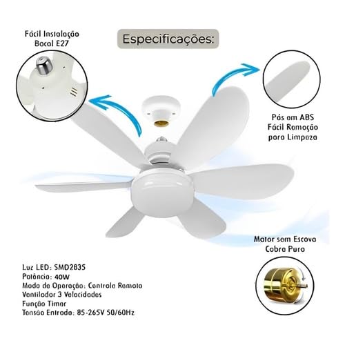 Ventilador Lâmpada De Teto E27 C/ 6 Hélices Com Controle