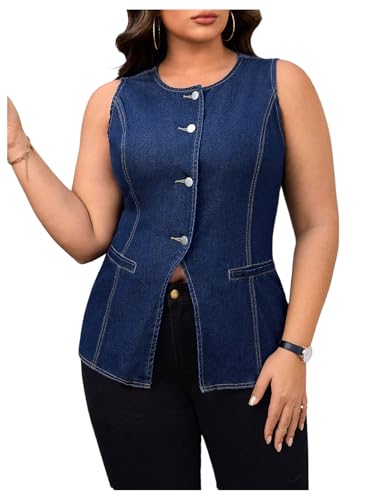 MakeMeChic Women's Plus Size Denim Vests Crew Neck Sleeveless Button Down Vest Outerwear