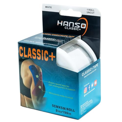 Image of HANSO Classic Plus Kinesiology Tape Premium Cotton Blend | Tape for Physiotherapy, Sports Injuries, Pain Relief, Muscle Support (White)
