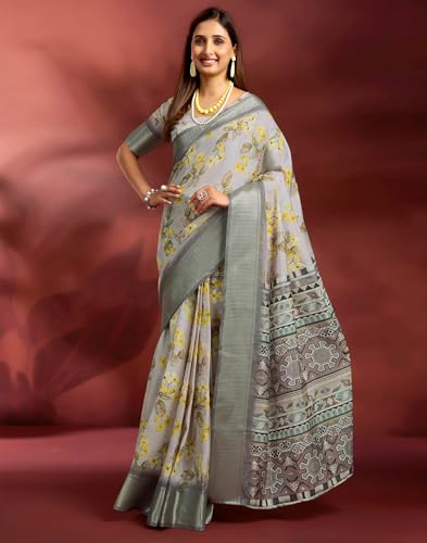 Image of SIRIL Women's Dola Silk Printed Jacquard Border Ready To Wear Saree with Unstitched Blouse Piece