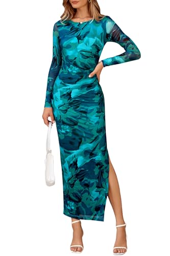 Image of CFLONGE Long Sleeve Dress for Women Floral Print Ruched Wedding Guest Maxi Dresses Tight Fitted Cocktail Party Bodycon Dress