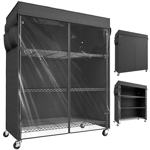 REIBII 4-Tier Storage Shelves Wire Shelving Unit with Cover & Wheels, Heavy Duty Metal Shelving for Dorm Storage Shelves, Garage Storage Rack Commercial Shelf, Pantry, Kitchen, 36\" W*14.3\" D*56.5\" H