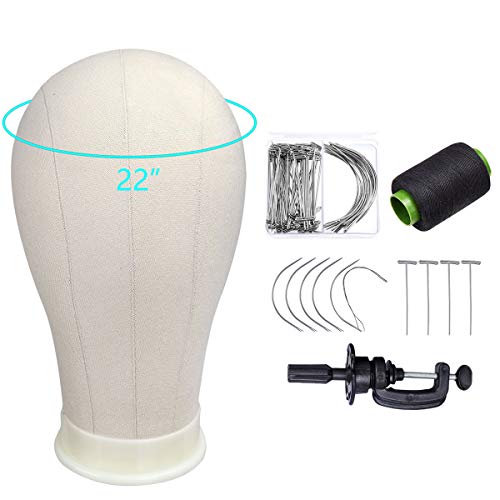 SIGHTLING 22" Tête à coiffer Tête de bloc de toile tête de mannequin de bloc de liège pour extension de cheveux/Perruques en dentelle avec Support, T Pins et C Aiguilles, Filetage de 328 m