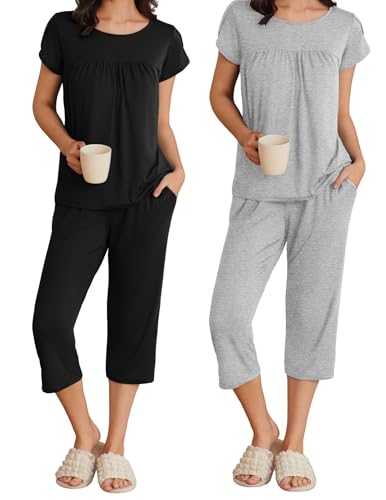 Image of Ekouaer Women's Capri Pajama Set Short Sleeve Mumu Pjs Pleated Top Capri Pants with Pockets Sleepwear Lounge Set